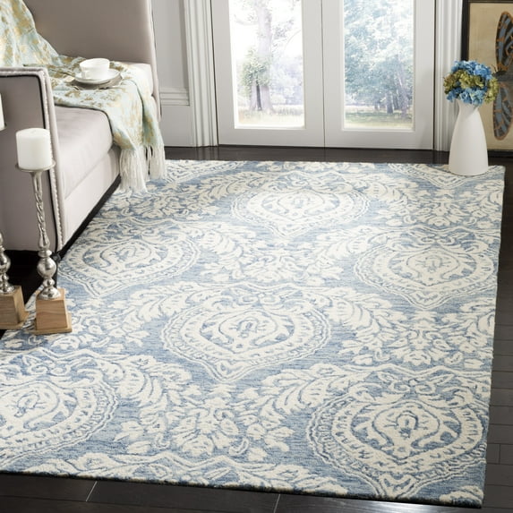 SAFAVIEH Micro-Loop Jaydon Damask Floral Wool Area Rug, Blue/Ivory, 5' x 8'