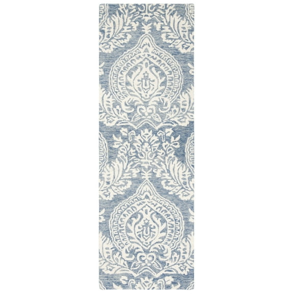 SAFAVIEH Micro-Loop Jaydon Damask Floral Wool Runner Rug, Blue/Ivory, 2'3" x 7'