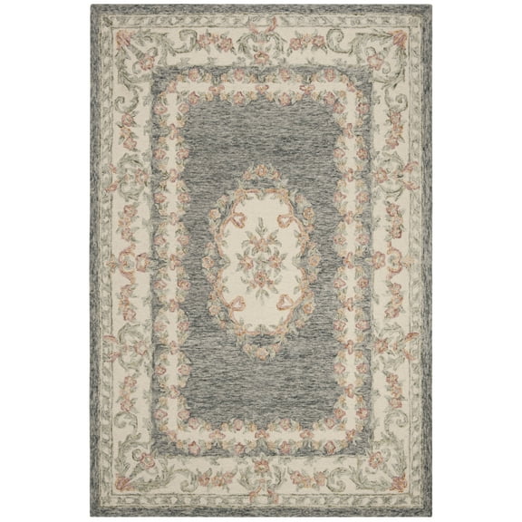 SAFAVIEH Micro-Loop Jesper Floral Bordered Wool Area Rug, Grey/Ivory, 4' x 6'