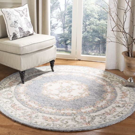 SAFAVIEH Micro-Loop Jesper Floral Bordered Wool Area Rug, Grey/Ivory, 5' x 5' Round