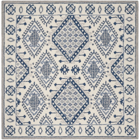 SAFAVIEH Micro-Loop Jolene Geometric Wool Area Rug, Ivory/Blue, 5' x 5' Square