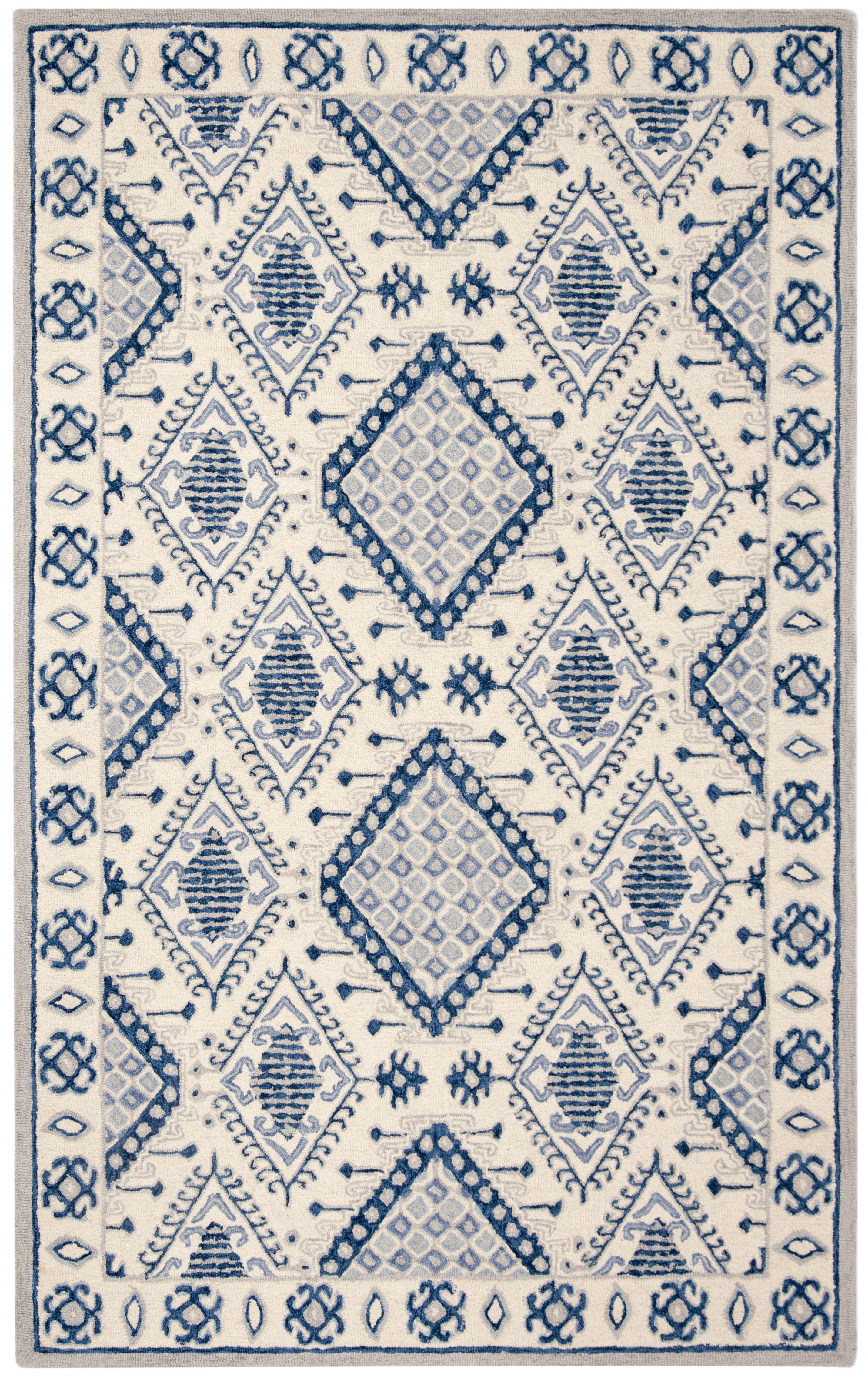 SAFAVIEH Micro-Loop Jolene Geometric Wool Area Rug, Ivory/Blue, 5' x 8'