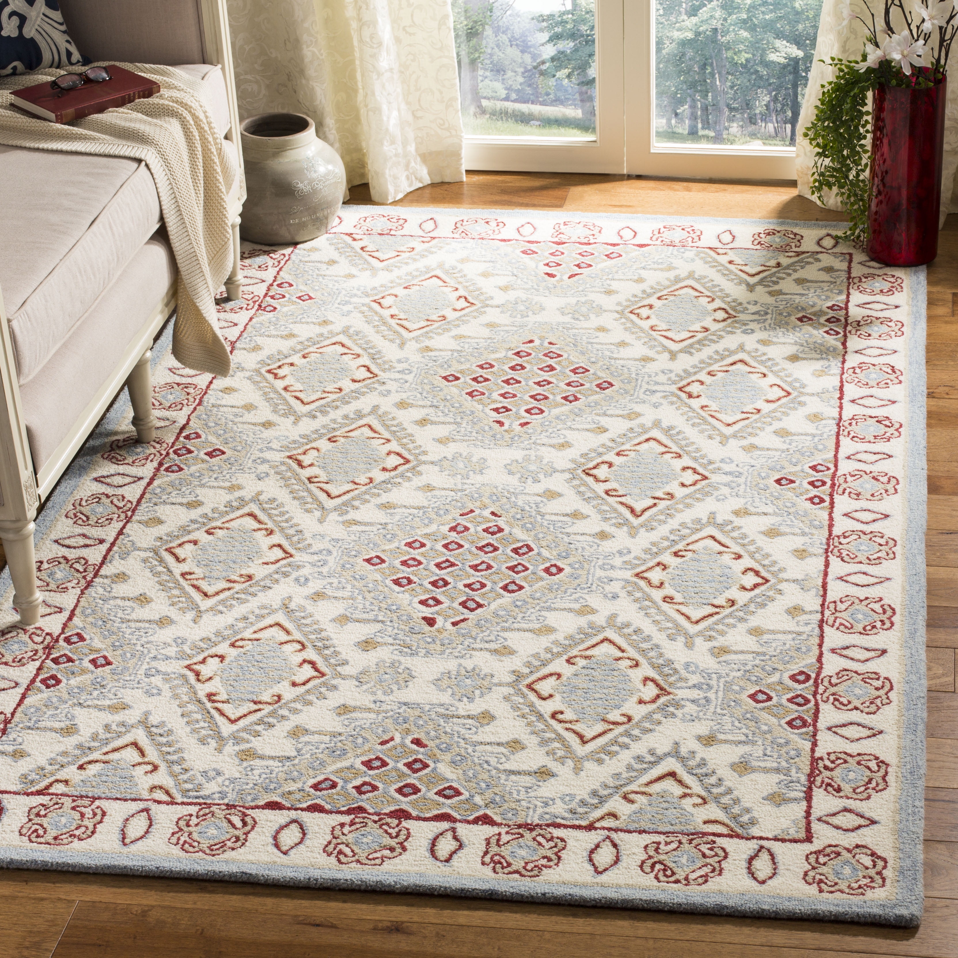 SAFAVIEH Micro-Loop Jolene Geometric Wool Area Rug, Ivory/Red, 4' x 6'