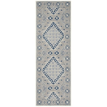 SAFAVIEH Micro-Loop Jolene Geometric Wool Runner Rug, Light Grey/Blue, 2'3" x 7'