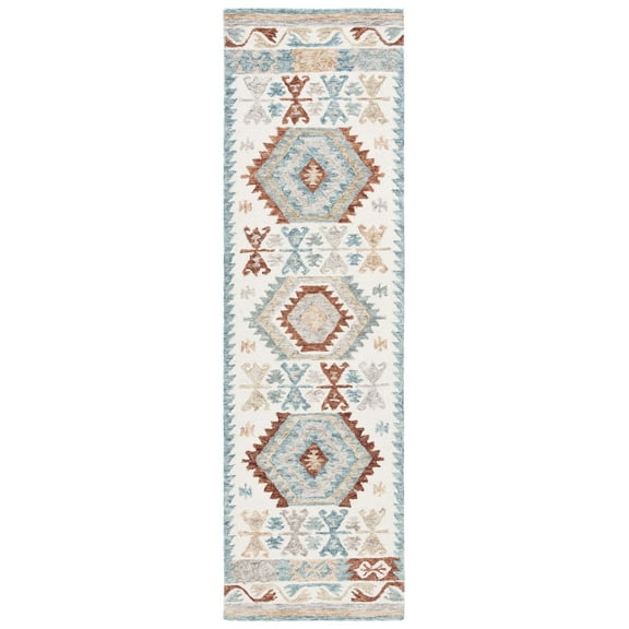 SAFAVIEH Micro-Loop Kaeden Southwestern Runner Rug, Ivory/Blue, 2'3" x 8'