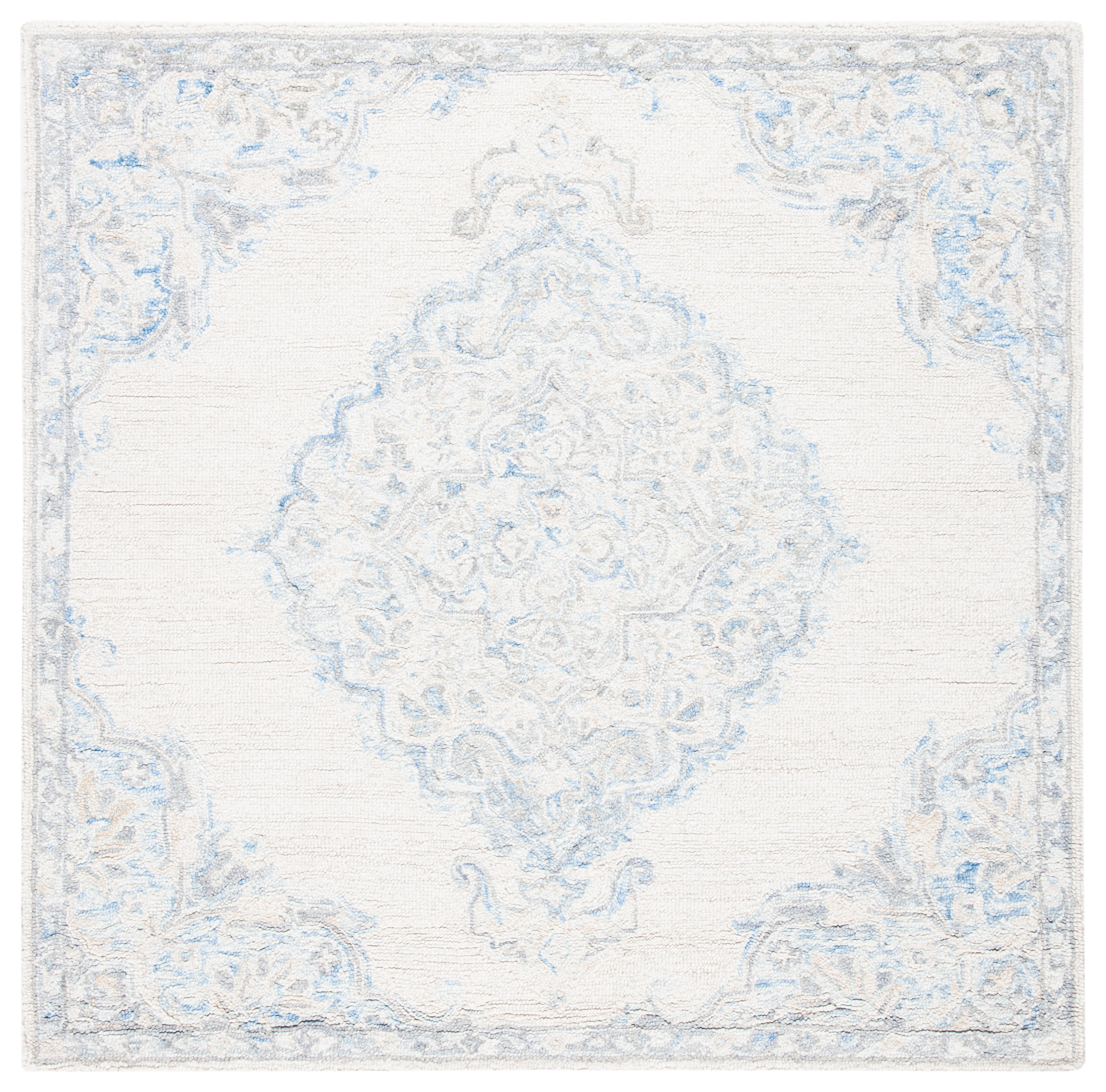 Ivory and Blue Handmade Wool Tufted Square Rug 5'