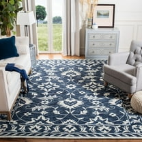 SAFAVIEH Micro-Loop Kevin Floral Bordered Area Rug, Navy/Taupe, 5' x 5' Round