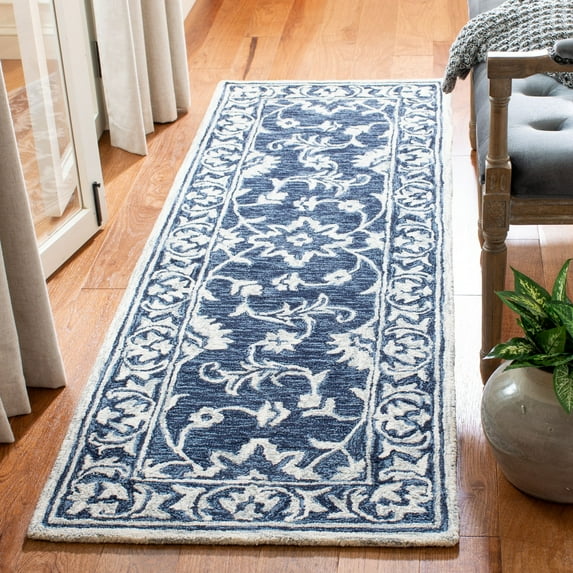 SAFAVIEH Micro-Loop Kevin Floral Bordered Runner Rug, Navy/Taupe, 2'3" x 7'