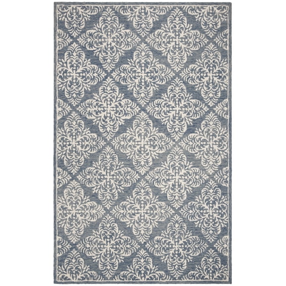 SAFAVIEH Micro-Loop Laidley Geometric Floral Wool Area Rug, Blue/Ivory, 4' x 6'