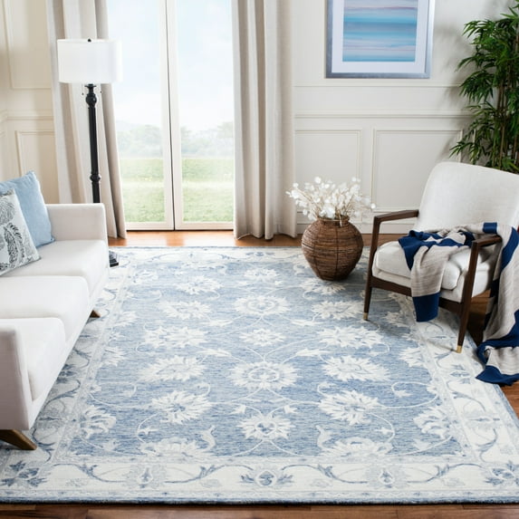 SAFAVIEH Micro-Loop Larry Floral Bordered Wool Area Rug, Blue/Ivory, 4' x 6'