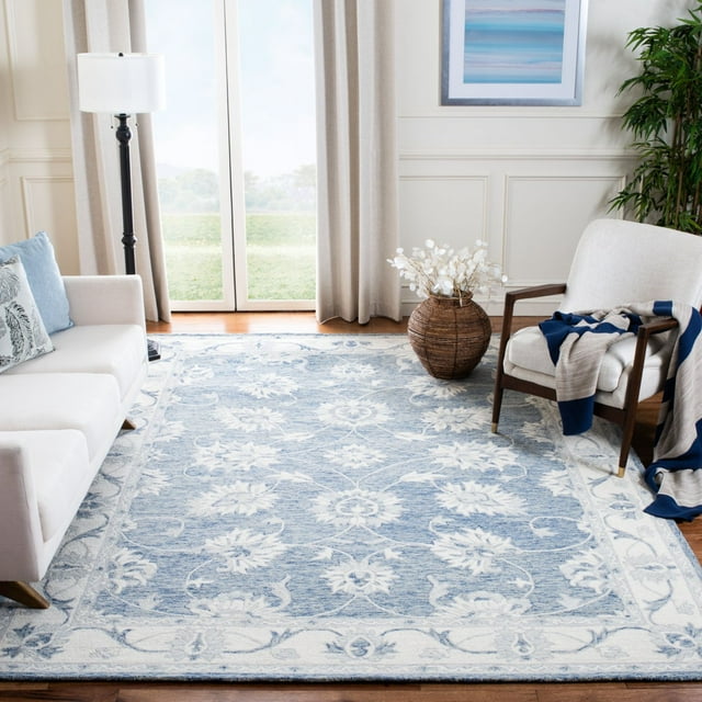 SAFAVIEH Micro-Loop Larry Floral Bordered Wool Area Rug, Blue/Ivory, 5' x 8'