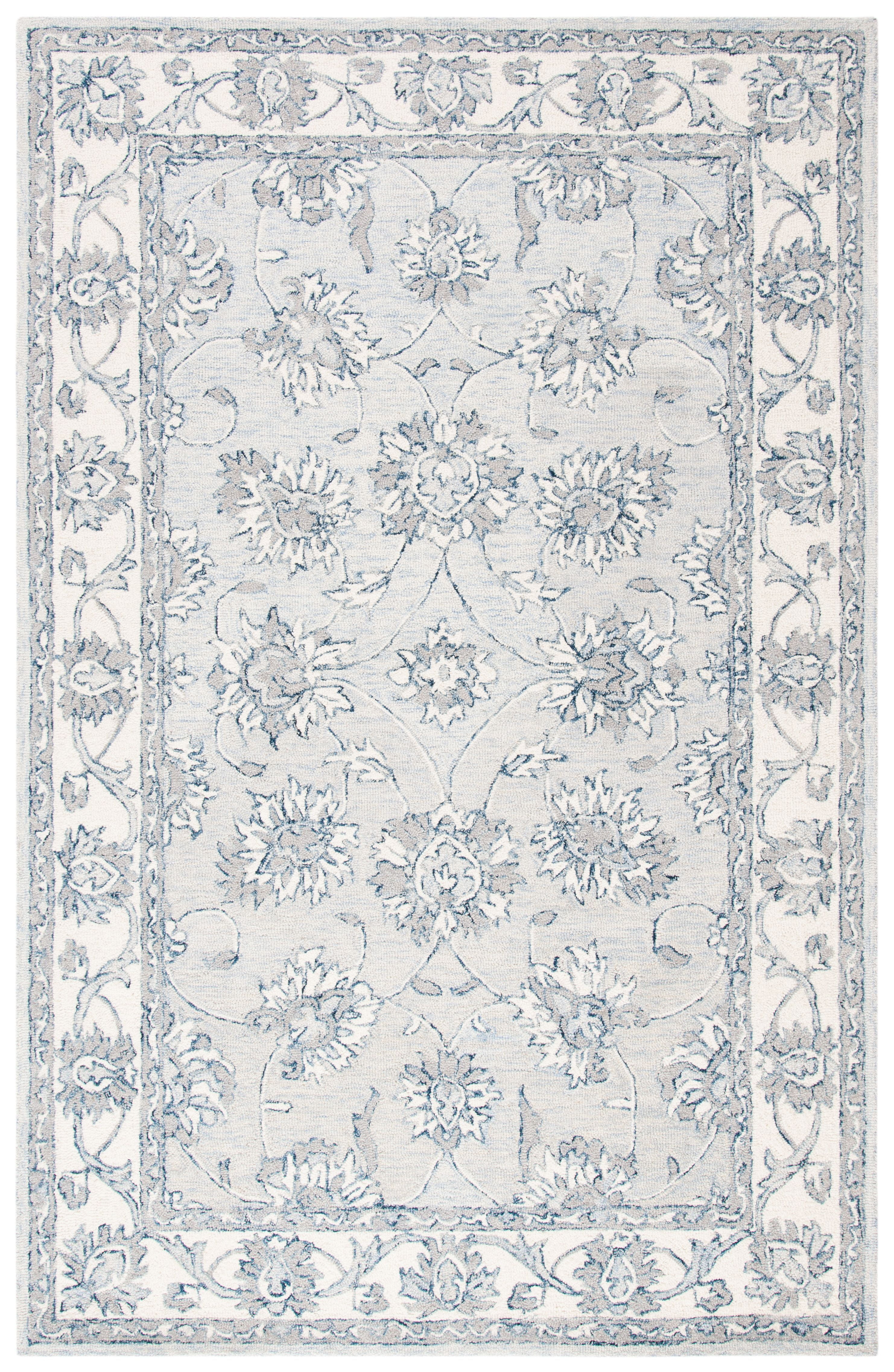 SAFAVIEH Micro-Loop Larry Floral Bordered Wool Area Rug, Light Blue/Ivory, 5' x 8'