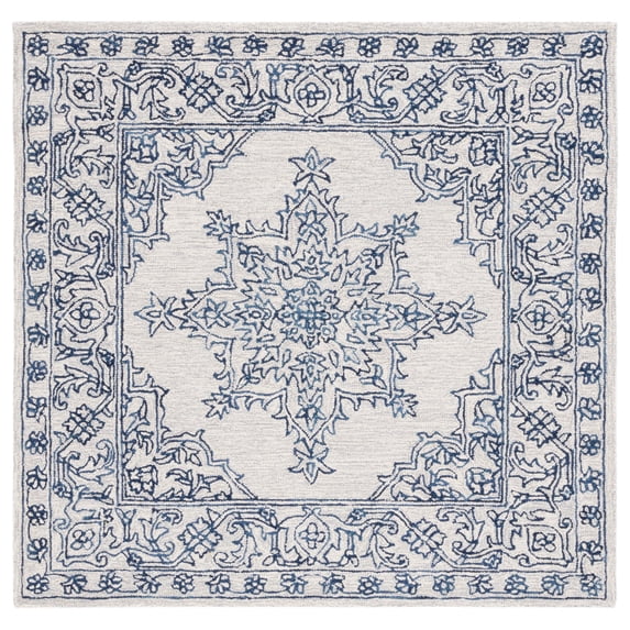 SAFAVIEH Micro-Loop Leann Medallion Wool Area Rug, Ivory/Blue, 5' x 5' Square