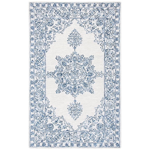 SAFAVIEH Micro-Loop Leann Medallion Wool Area Rug, Ivory/Blue, 5' x 8'