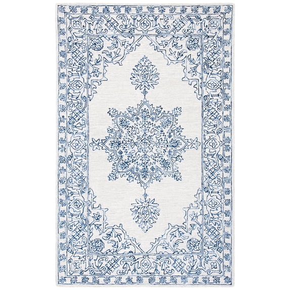 SAFAVIEH Micro-Loop Leann Medallion Wool Area Rug, Ivory/Blue, 8' x 10'