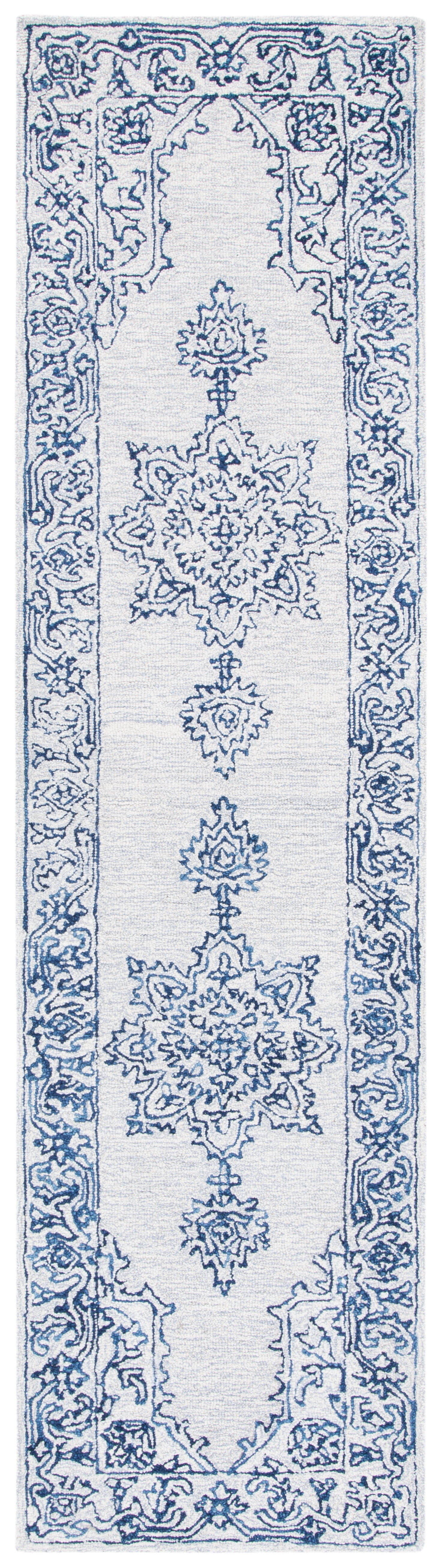 SAFAVIEH Micro-Loop Leann Medallion Wool Runner Rug, Ivory/Blue, 2'3" x 9'