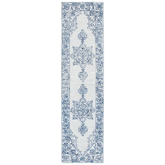 SAFAVIEH Micro-Loop Leann Medallion Wool Runner Rug, Ivory/Blue, 2'3" x 9'
