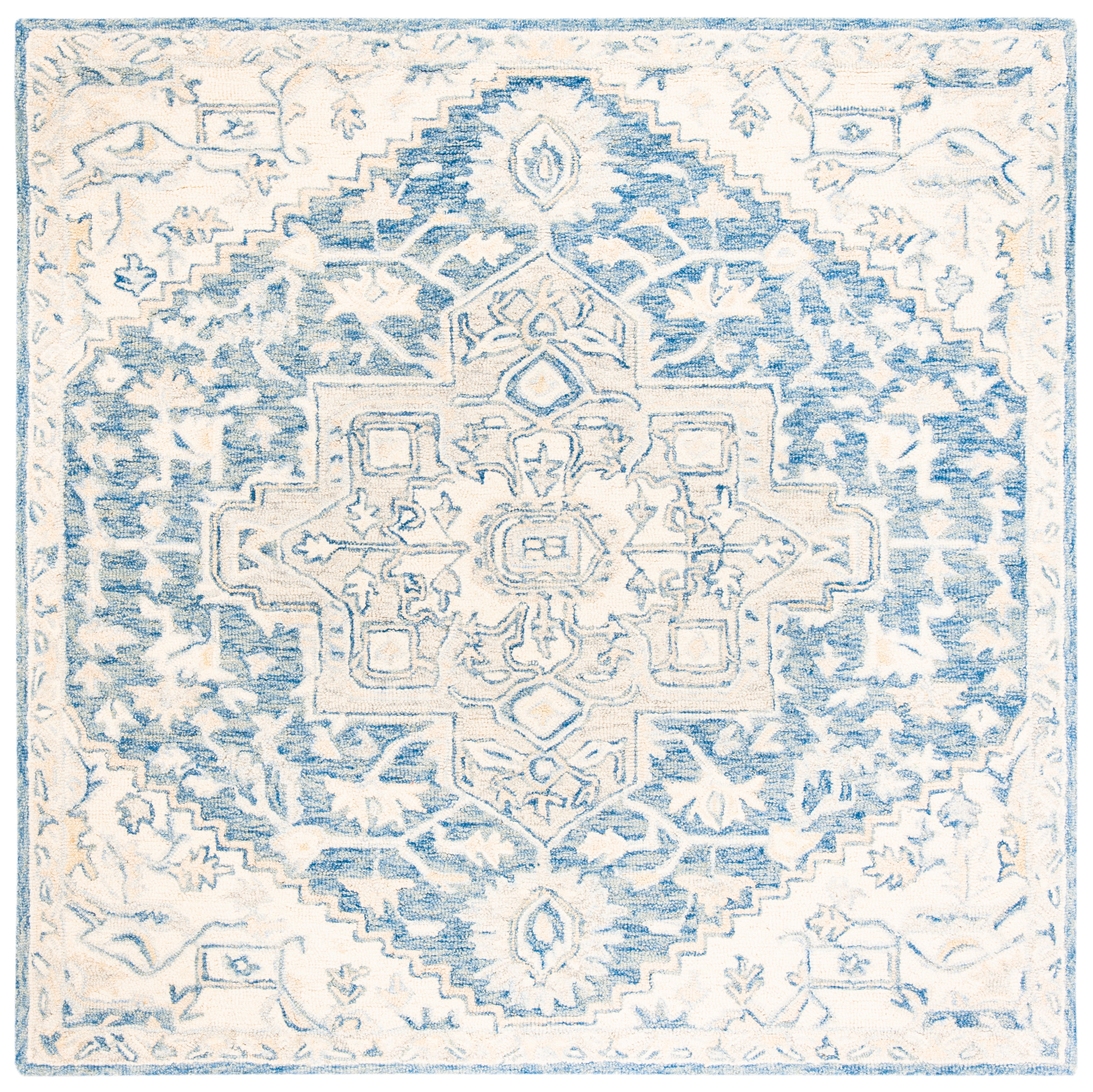 Blue and Ivory Hand-Tufted Wool Square Rug