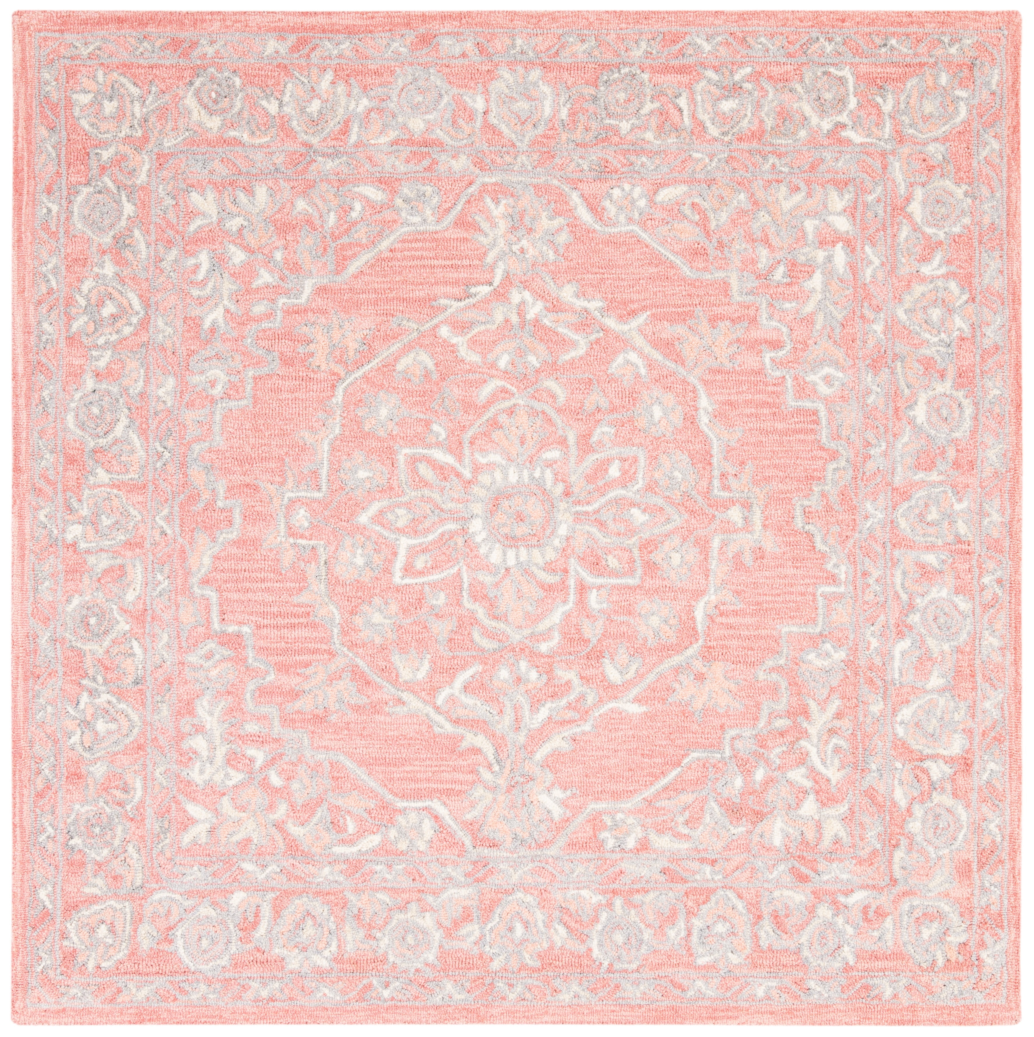 Hand-Tufted Medallion Pink/Ivory Wool 3' Square Rug