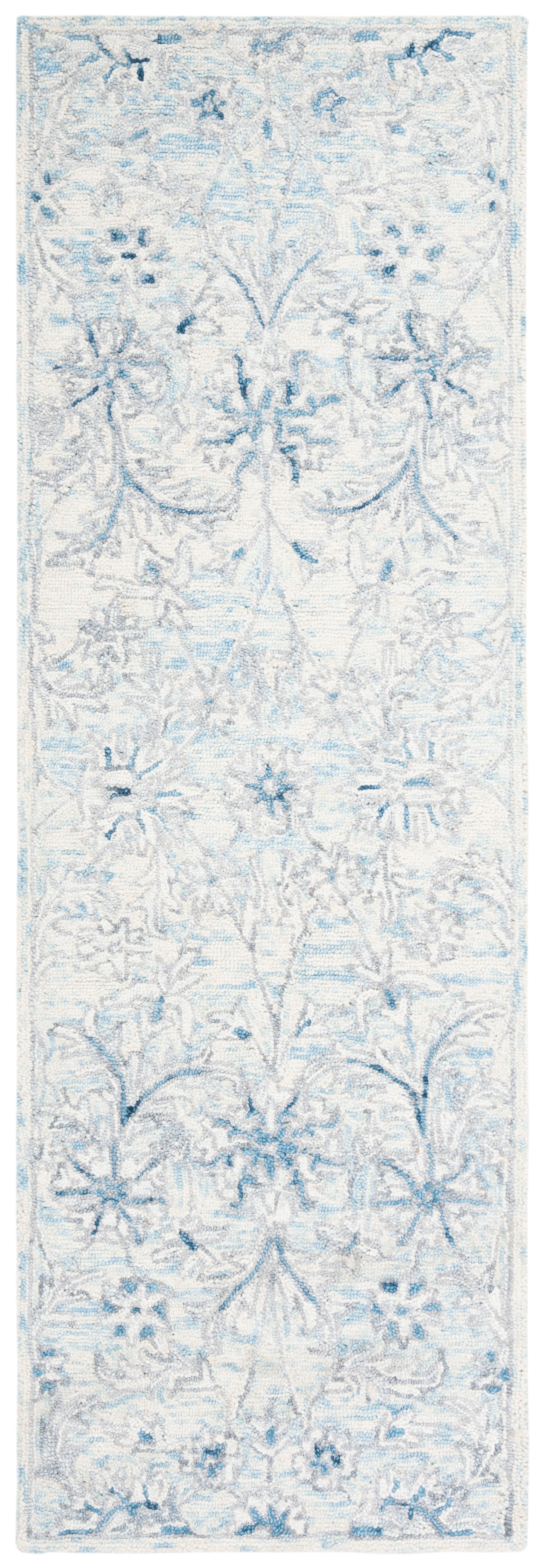 Light Blue and Ivory Hand-Tufted Wool Floral Runner Rug