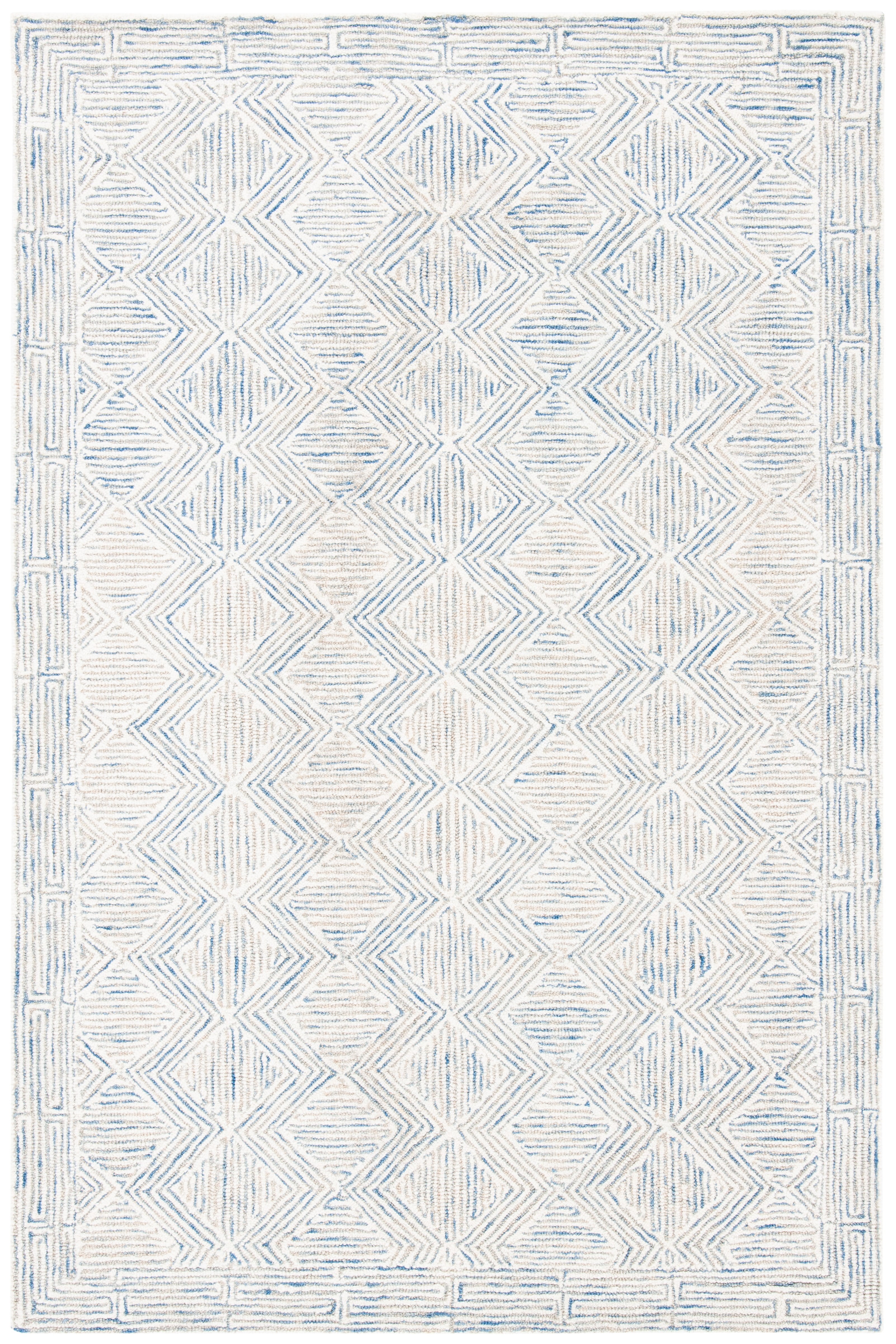 Handmade Ivory and Blue Wool Geometric Accent Rug 2' x 3'