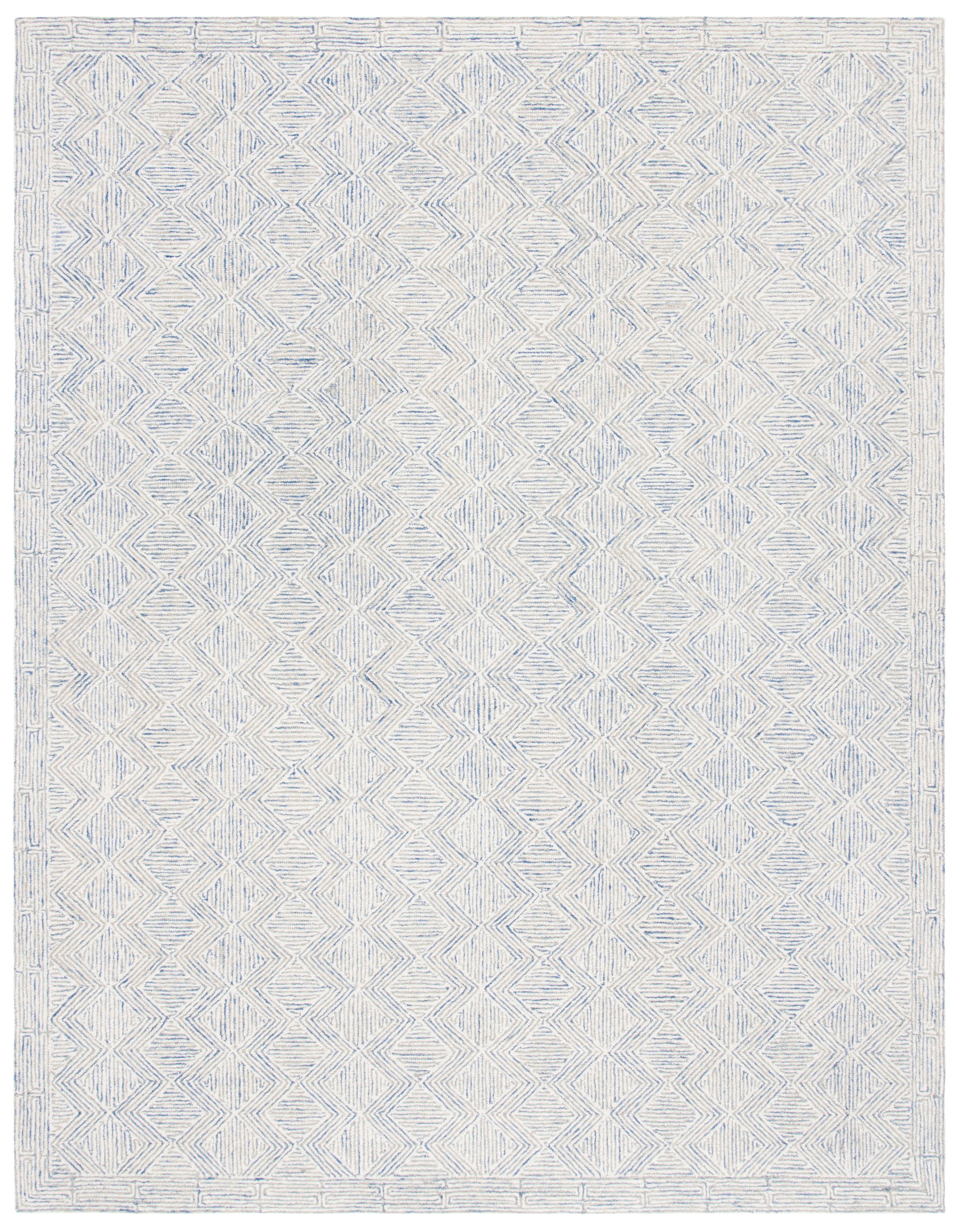 Blue and Ivory Handmade Wool 9' x 12' Geometric Area Rug