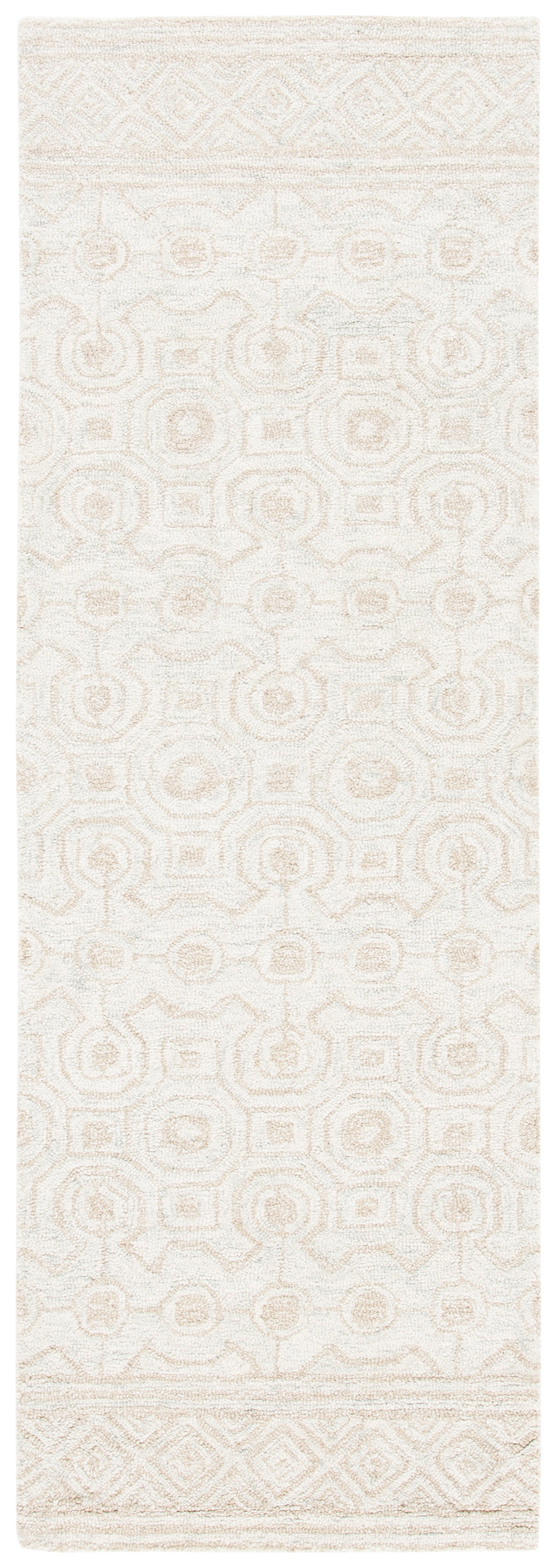 Ivory and Light Green Hand-Tufted Wool Geometric Runner Rug