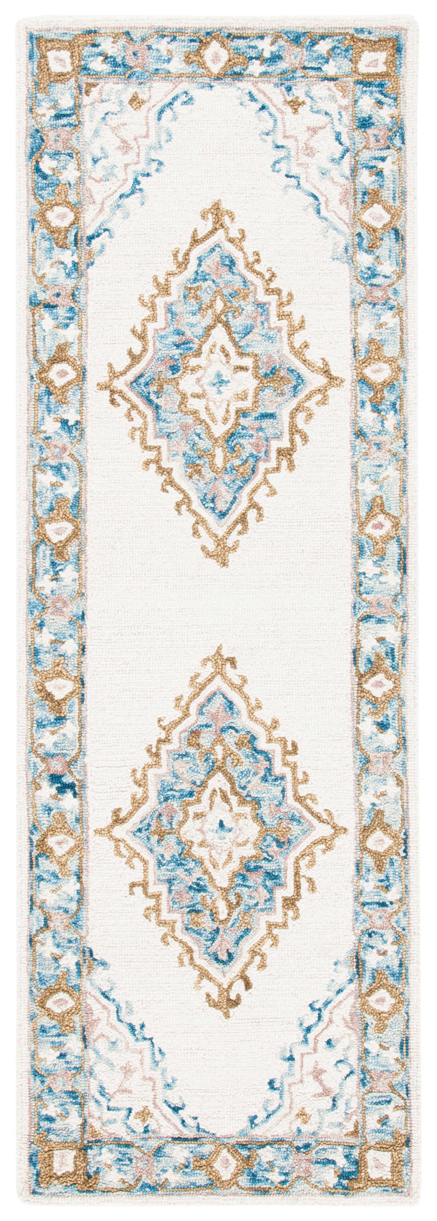 Ivory and Blue Handmade Wool Tufted Rug Runner