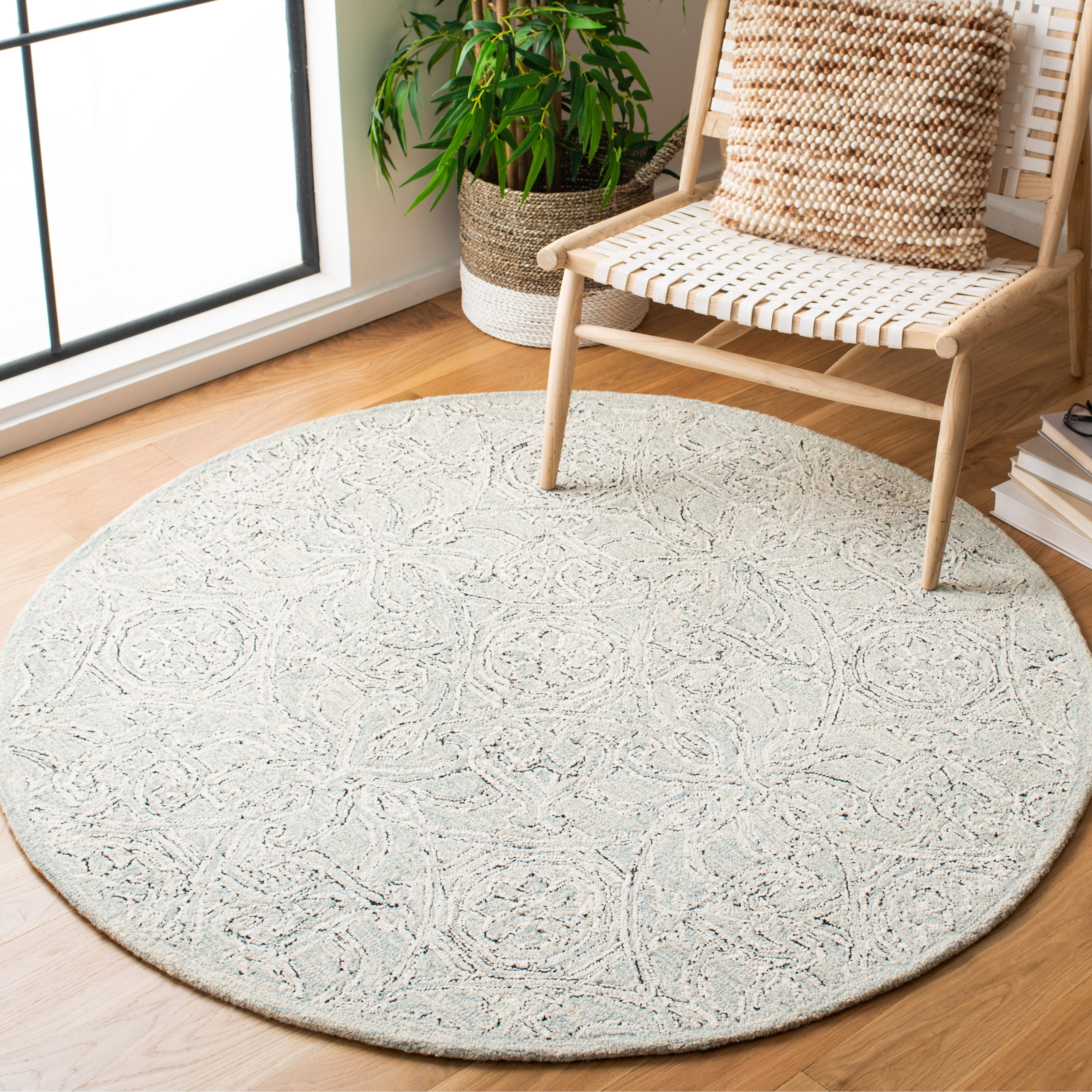 SAFAVIEH Micro-Loop Marina Distressed Floral Wool Area Rug, Grey/Ivory, 5' x 5' Round