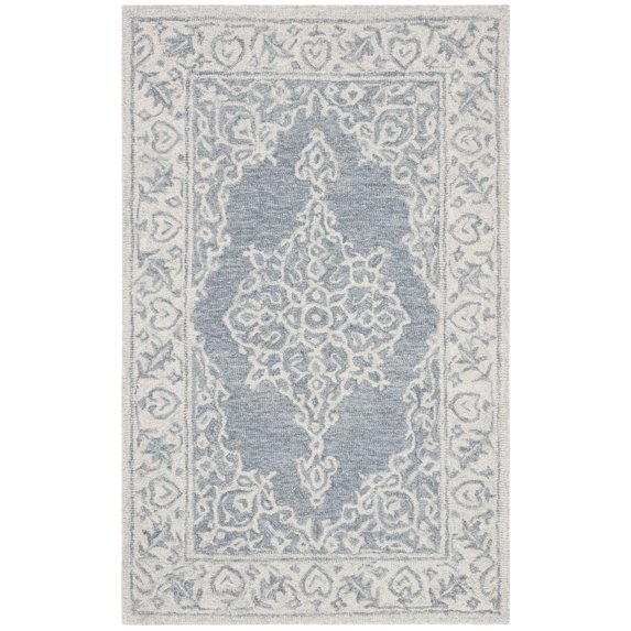 SAFAVIEH Micro-Loop Marina Floral Bordered Wool Area Rug, Blue/Light Blue, 2'6" x 4'