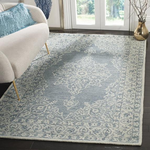 SAFAVIEH Micro-Loop Marina Floral Bordered Wool Area Rug, Blue/Light Blue, 5' x 5' Square