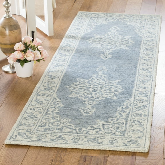 SAFAVIEH Micro-Loop Marina Floral Bordered Wool Runner Rug, Blue/Light Blue, 2'3" x 7'