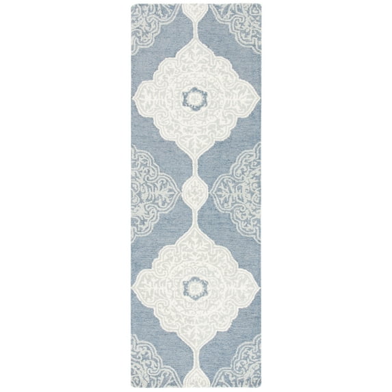 SAFAVIEH Micro-Loop Mira Geometric Floral Wool Runner Rug, Blue/Ivory, 2'3" x 7'
