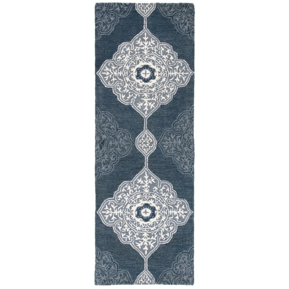 SAFAVIEH Micro-Loop Mira Geometric Floral Wool Runner Rug, Grey/Navy, 2'3" x 7'