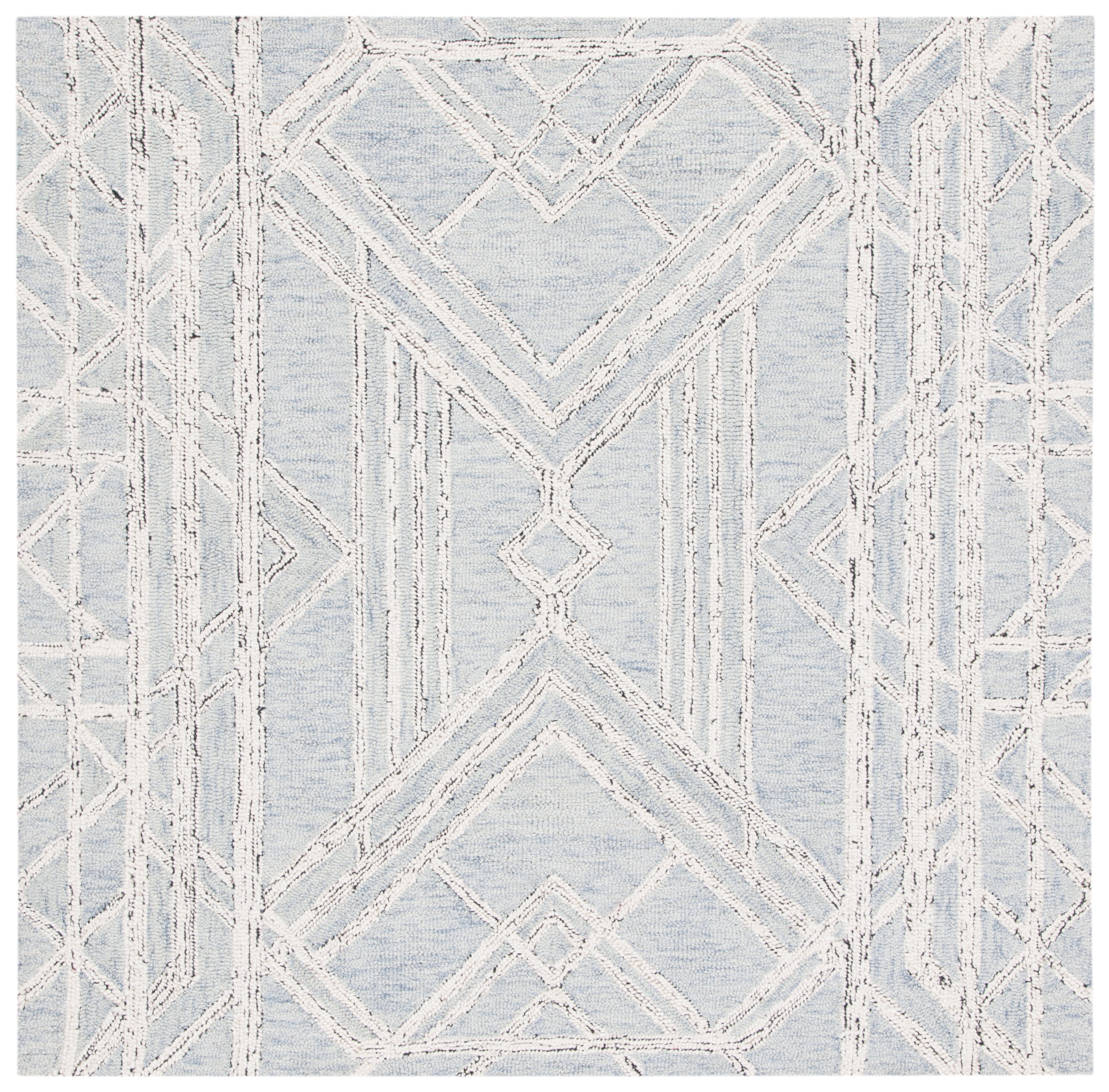 Light Blue Wool Hand-Tufted Geometric Square Rug