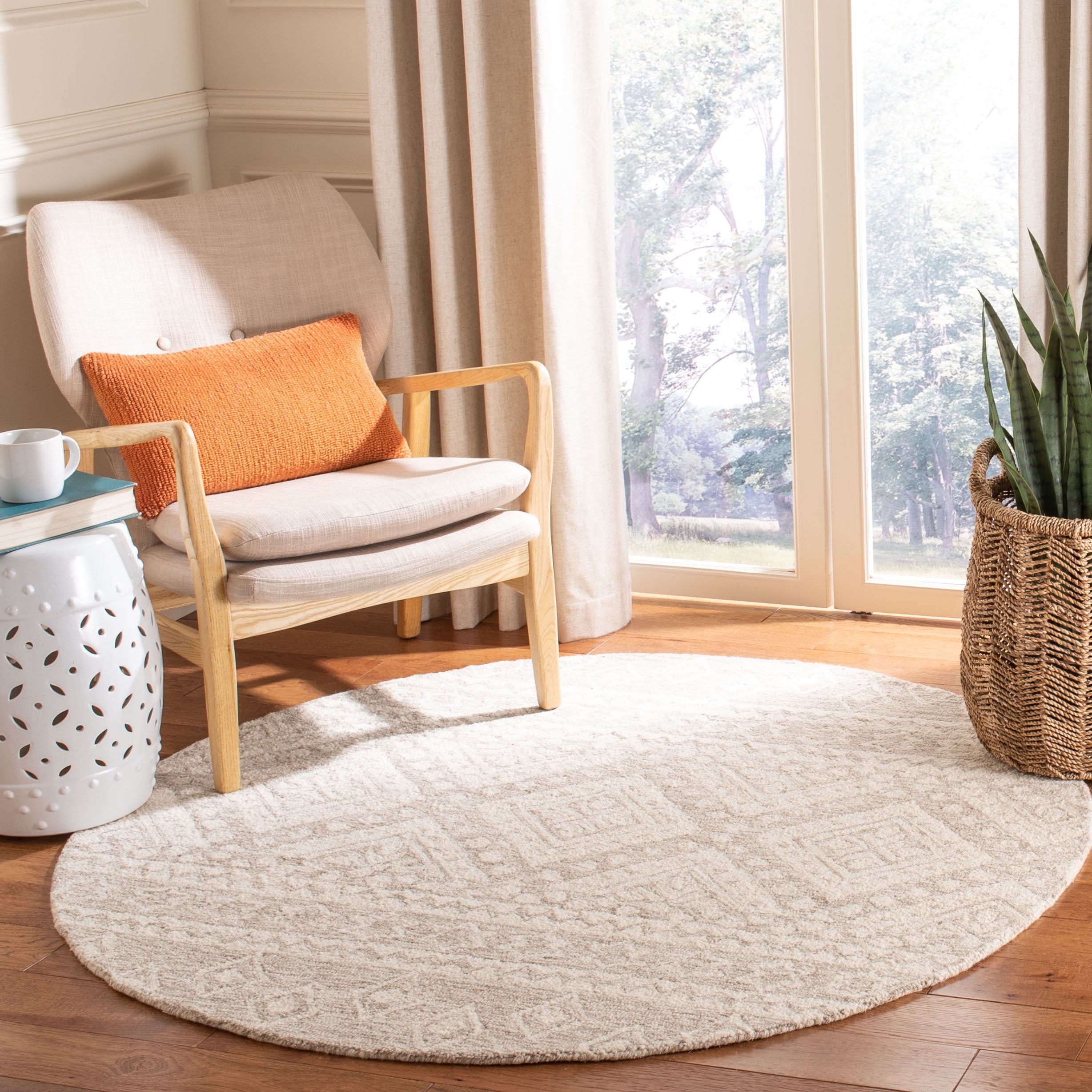 Beige Ivory 5' Round Hand-Tufted Wool Area Rug