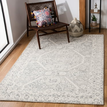 SAFAVIEH Micro-Loop Robina Floral Bordered Wool Area Rug, Charcoal/Ivory, 5' x 8'
