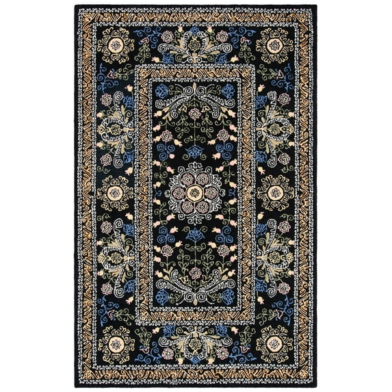 SAFAVIEH Micro-Loop Shanelle Floral Bordered Wool Area Rug, Black/Green, 4' x 6'