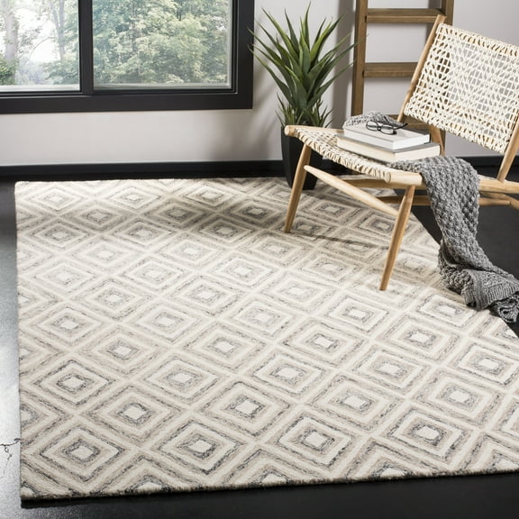 SAFAVIEH Micro-Loop Steve Geometric Diamonds Wool Area Rug, Grey/Ivory, 4' x 6'