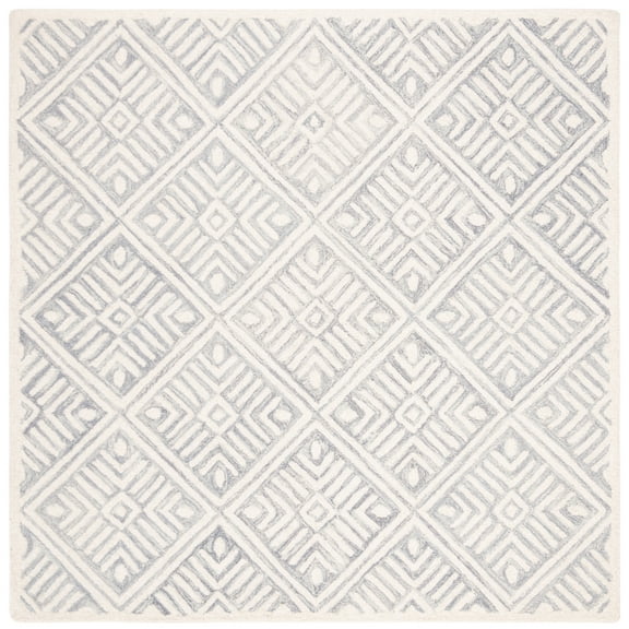 SAFAVIEH Micro-Loop Tris Geometric Boxes Wool Area Rug, Grey/Ivory, 5' x 5' Square