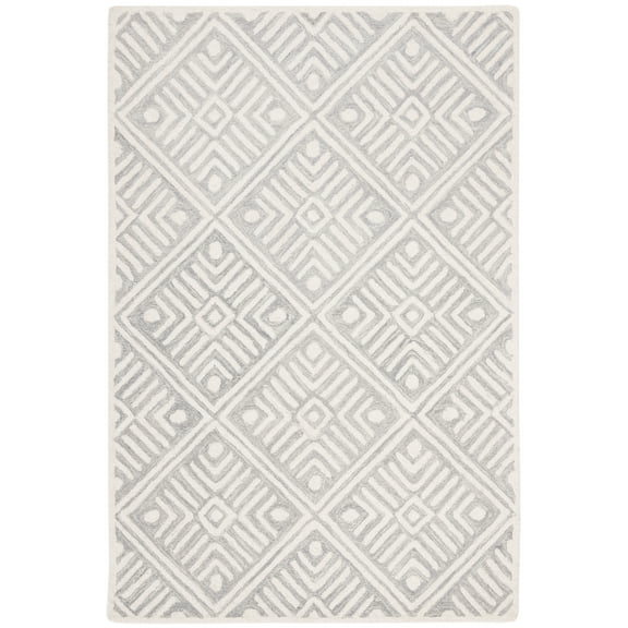 SAFAVIEH Micro-Loop Tris Geometric Boxes Wool Area Rug, Grey/Ivory, 5' x 8'