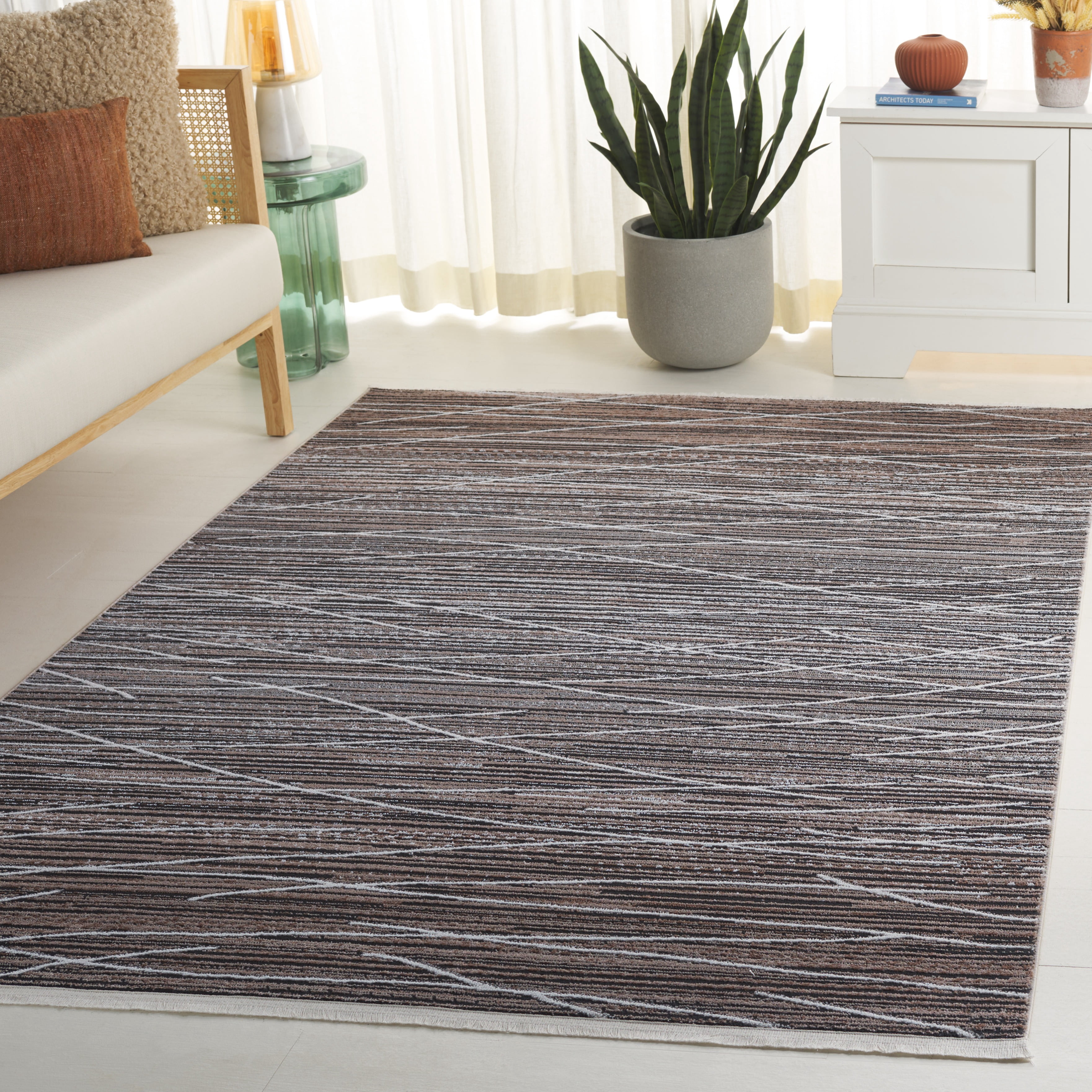 Safavieh Mila Anselmo Geometric Striped Polyester Area Rug, Beige/Ivory Black, 6'7" x 6'7" Square
