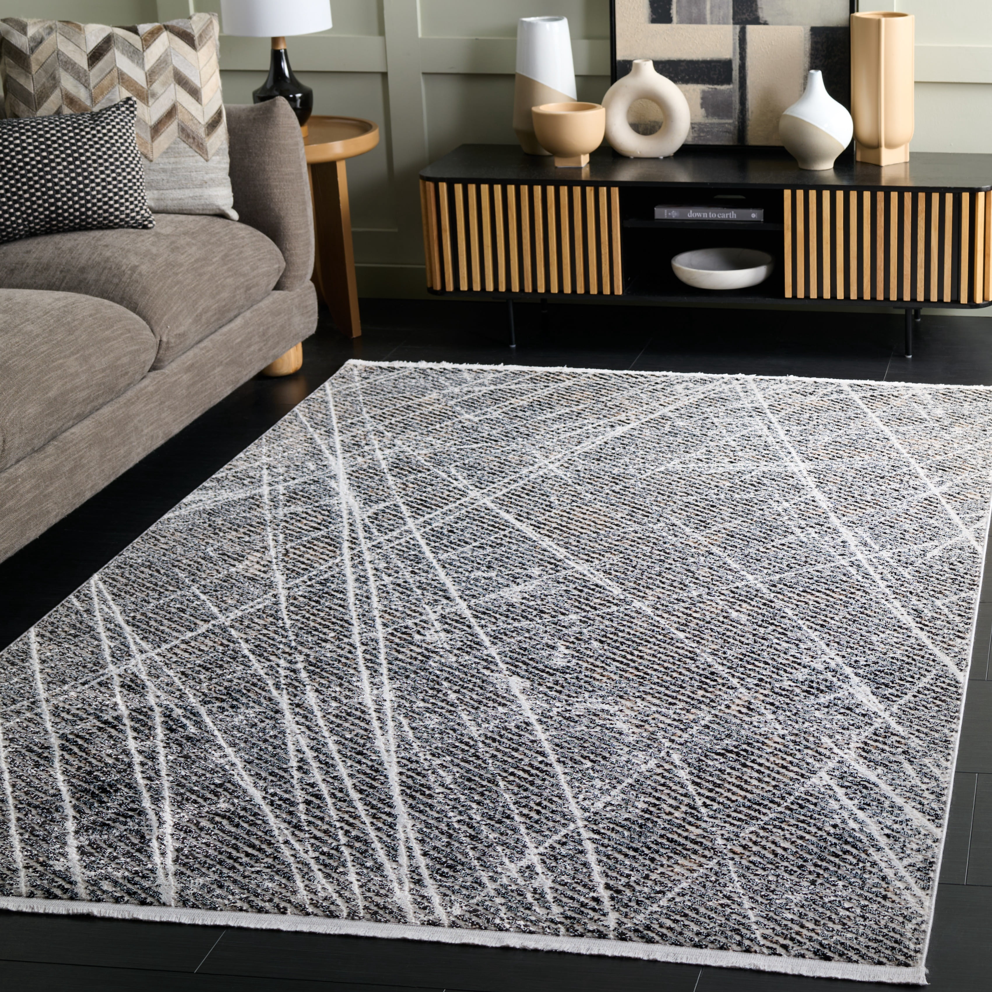 Safavieh Mila Deforrest Distressed Polyester Area Rug, Ivory/Gray Black, 6'7" x 6'7" Square