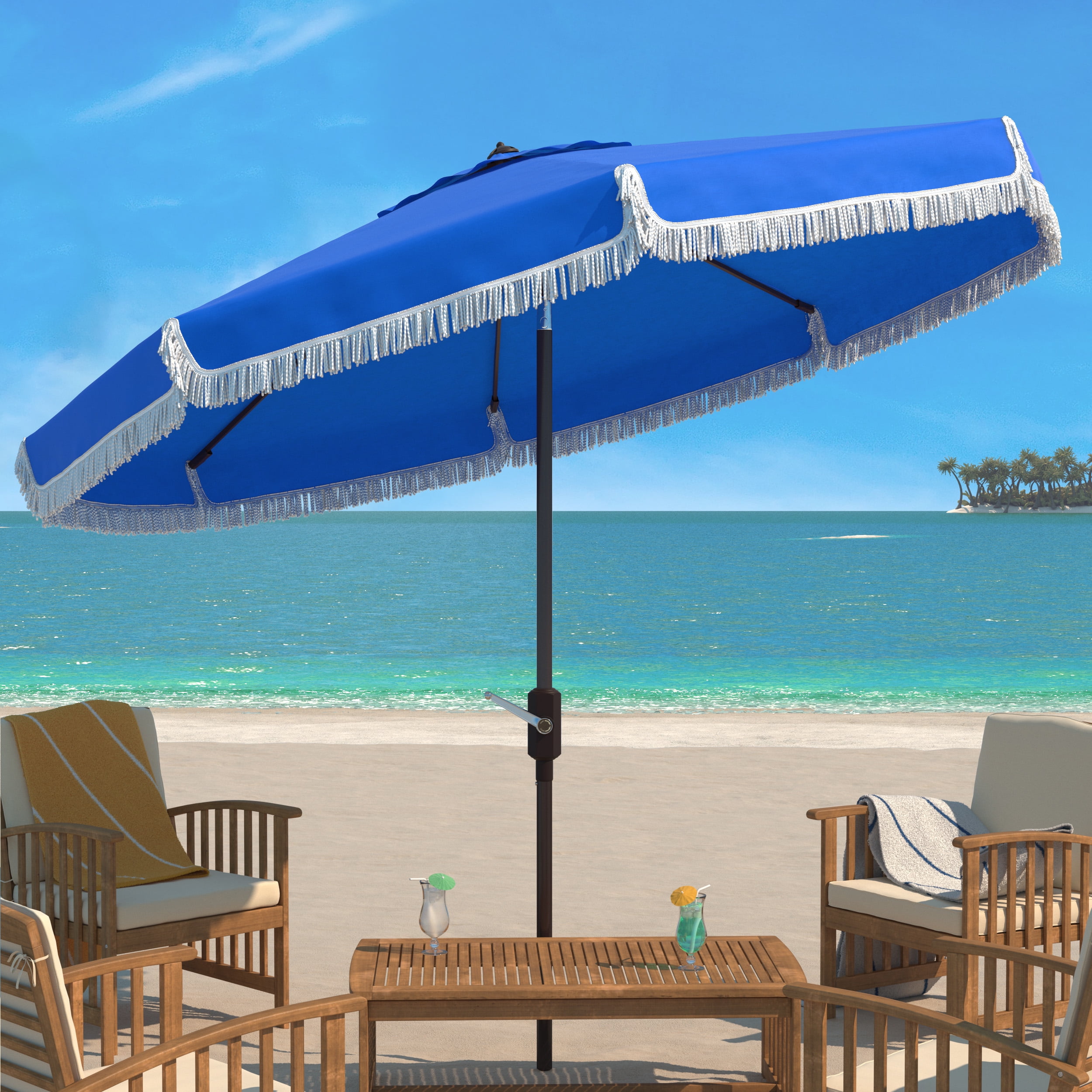 Pacific Blue 9ft Aluminum Fringe Crank Patio Umbrella