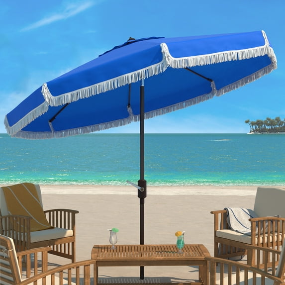 SAFAVIEH Milan 9' Market Crank Fringe Tilt Patio Umbrella, Pacific Blue