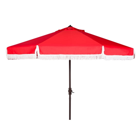 SAFAVIEH Milan Fringe 11' Market Crank Round Umbrella, Red/White