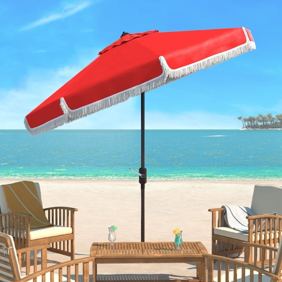SAFAVIEH Milan Fringe 11' Market Crank Round Umbrella, Red/White