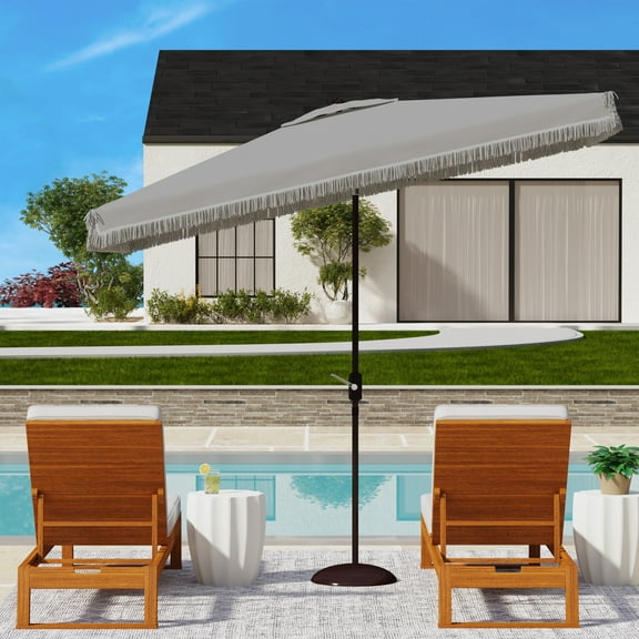 SAFAVIEH Milan Fringe 6.5' X 10' Market Crank Umbrella, Grey