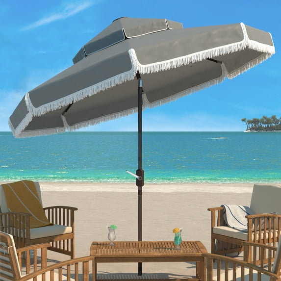SAFAVIEH Milan Fringe 9' Market Crank Double Top Umbrella, Grey