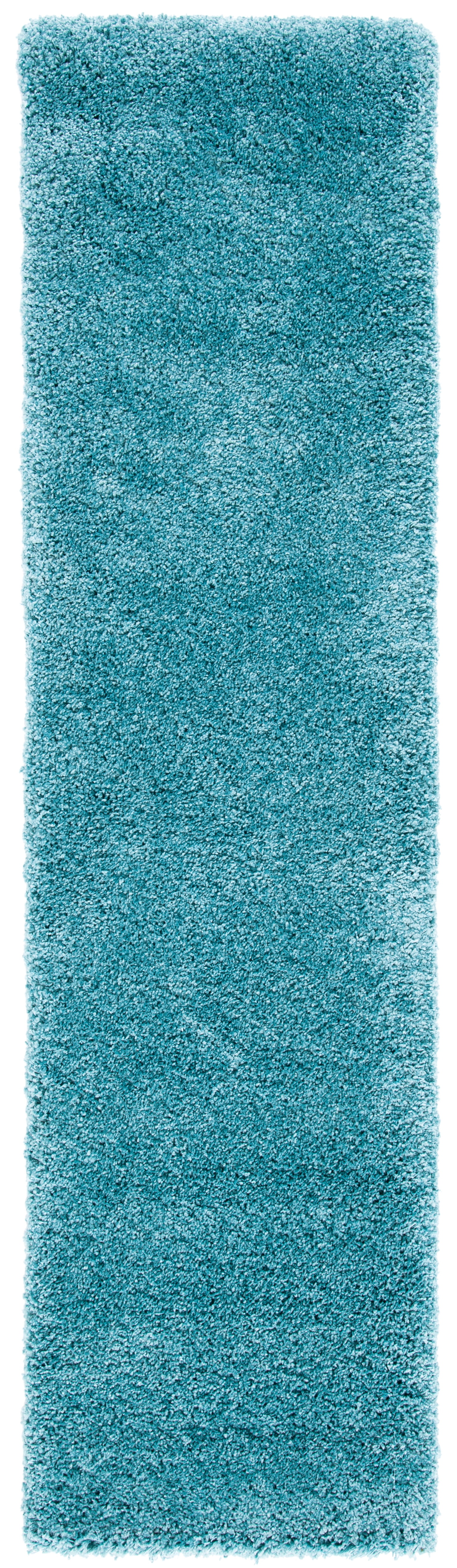 Aqua Blue Hand-Knotted Shag Synthetic Rug, 2' x 16'